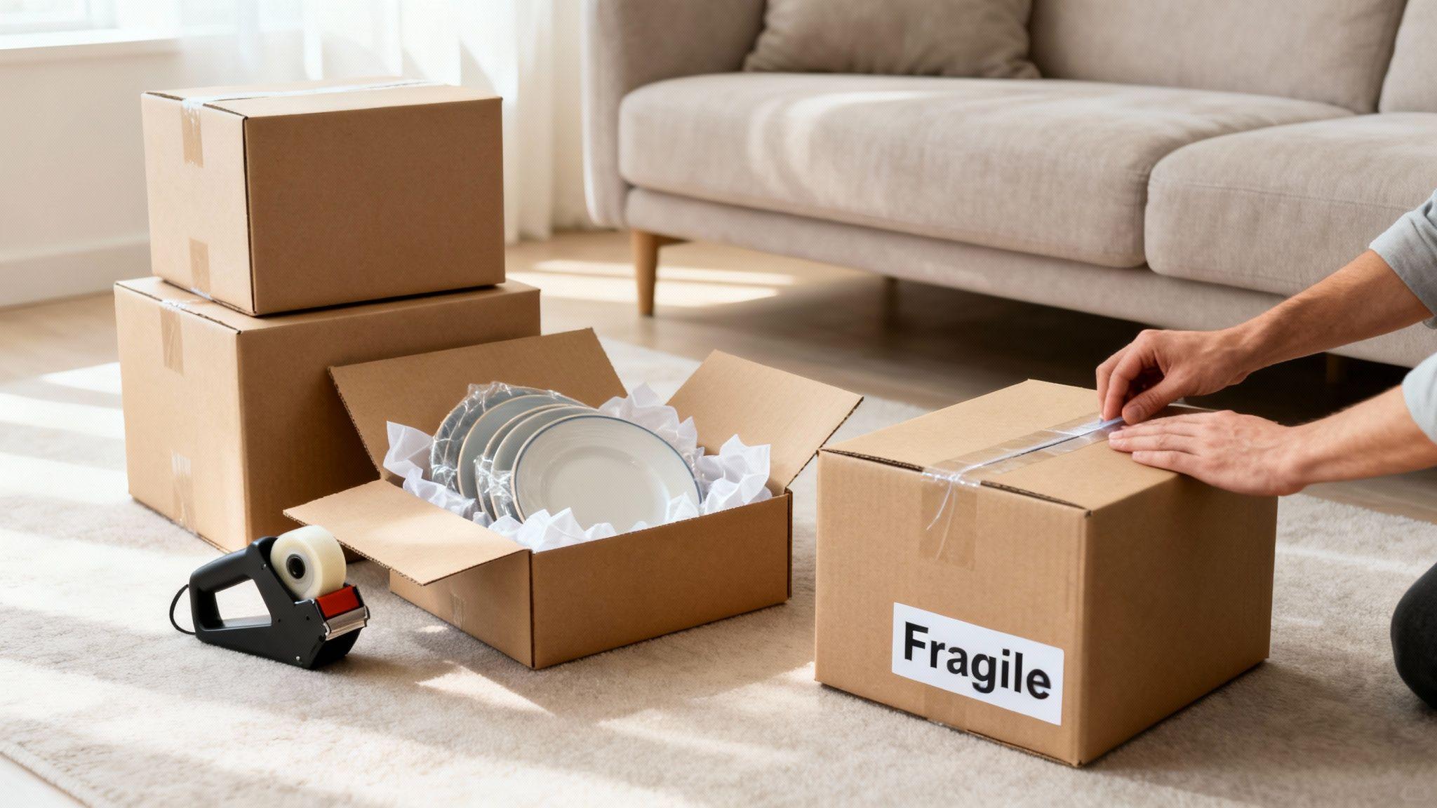 Movers transporting furniture through an apartment building corridor