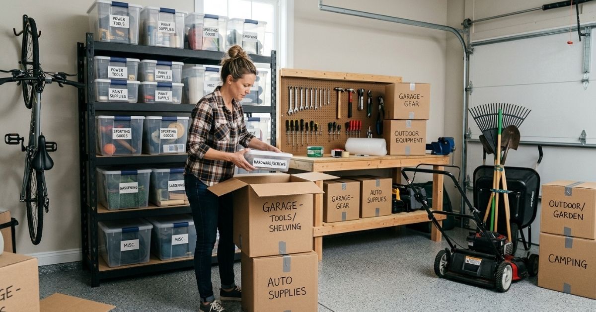 Homeowner organizing garage tools storage bins and moving boxes before relocation