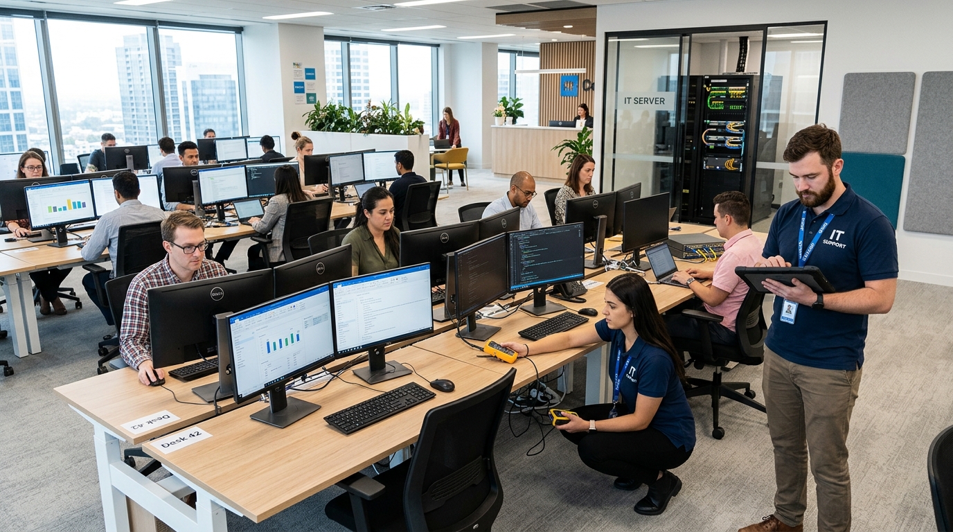 Employees accessing computers and business systems immediately after an office relocation