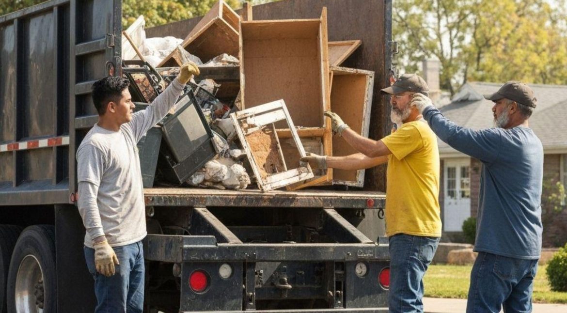 Professional crew clearing furniture and household belongings from an estate property