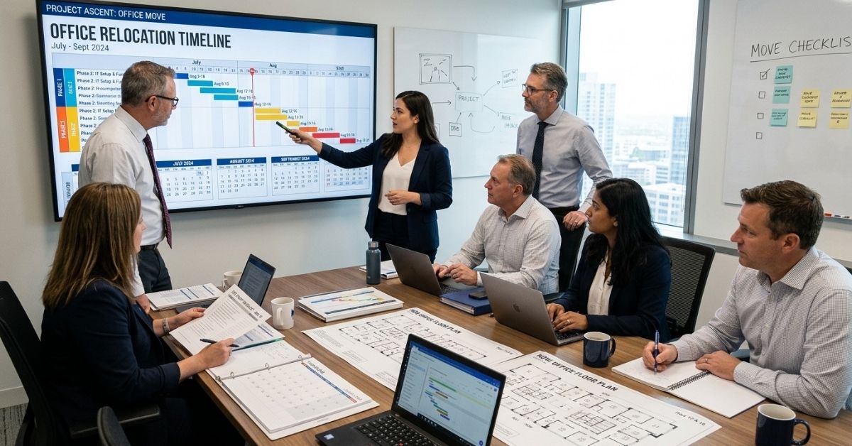 Business team reviewing an office moving checklist and relocation timeline during a planning meeting