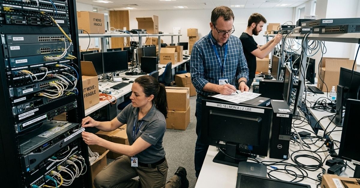 IT team preparing computers and network equipment for a commercial office relocation