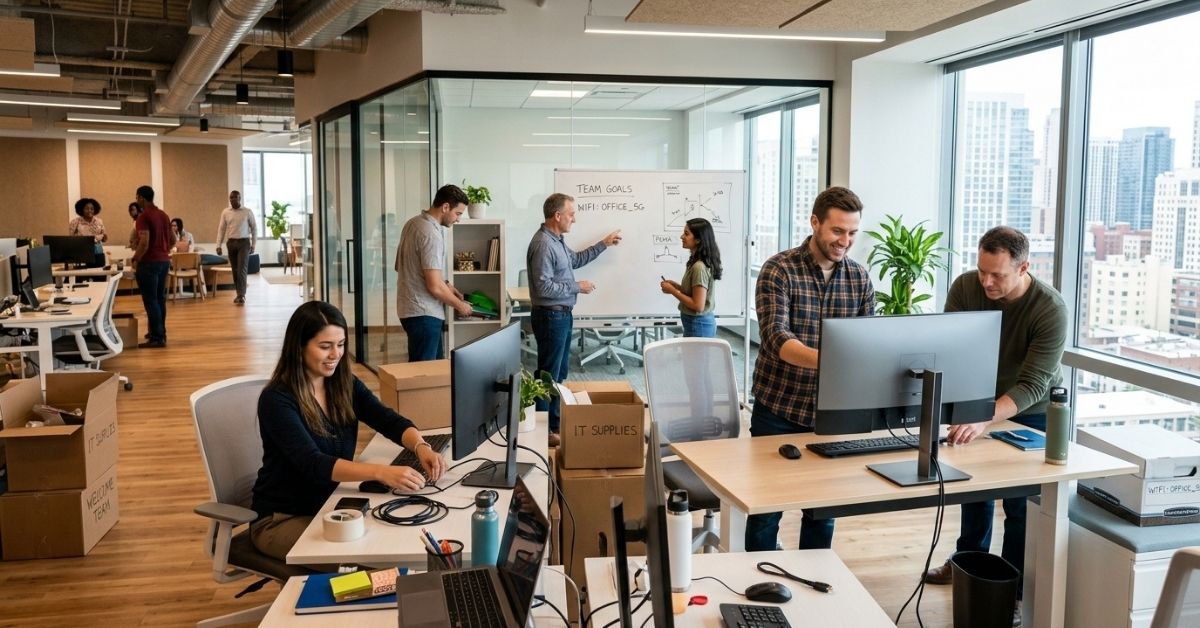 Employees setting up workstations and resuming operations after a successful office relocation